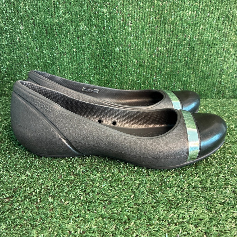 Crocs Cap Toe Mirror Metallic Accent Slip On Comfort Ballet Flats Black Womens 8
